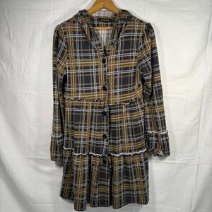Reborn Plaid Hooded Dress Tiered Ruffle Hem Long Sleeve Casual Mini Dress